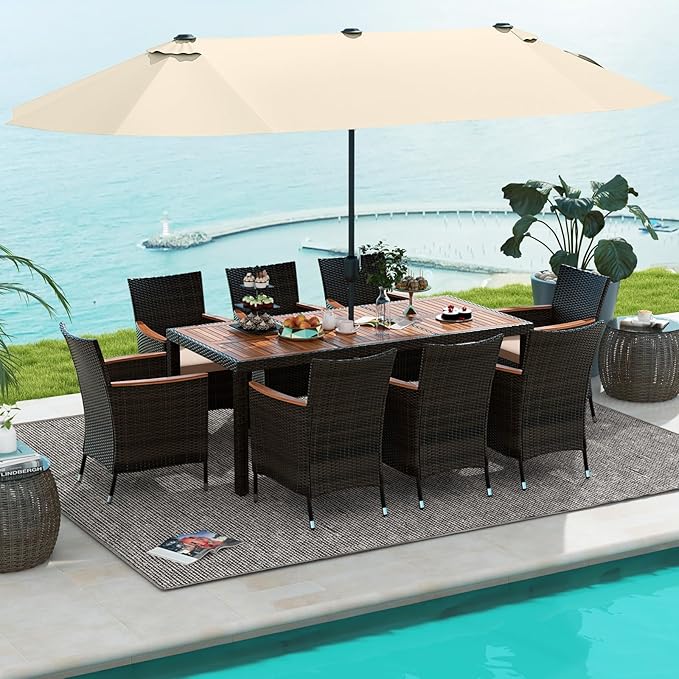 Tangkula 11 Piece Rattan Outdoor Dining Set with 15Ft Patio Umbrella for 8, Outdoor Wicker Table Set with 8 Cushioned Armchairs, Acacia Wood Top, Outdoor Umbrella with Base Included TANGKULA