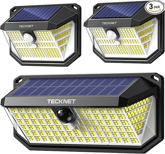 TECKNET Super Bright Solar Lights Outdoor 3 Pack, 2×231 LED and 1×416 LED, 300° Angle & 3 Lighting Modes Motion Sensor Outdoor Lights, Waterproof for for Fence Front Door Yard Deck Garden Garage Tecknet