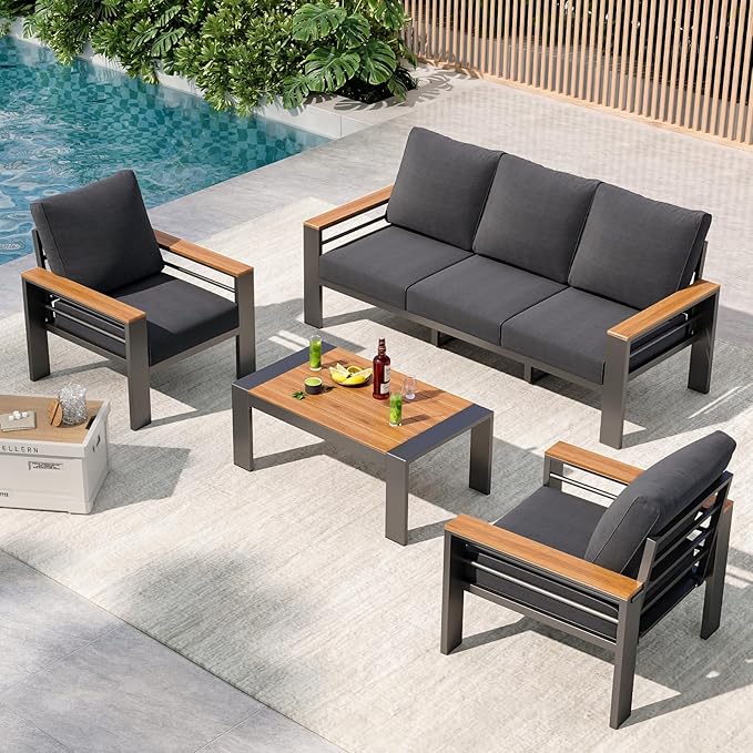 Aoxun Aluminum Outdoor Patio Furniture Set, 5 Seats Outdoor Sectional with Coffee Table, Patio Conversation Sets with Upgraded Armrests and Cushions for Backyard, Garden and Poolside Aoxun