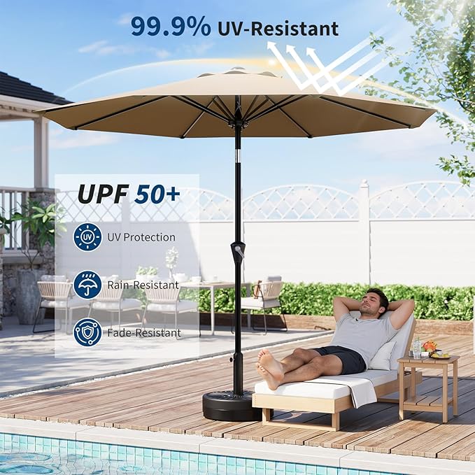 Garvee 10FT Patio Umbrella - Outdoor Table Umbrella with Smooth Crank Lift, Push Button Tilt and 8 Sturdy Ribs - Market Umbrella UV Protection Waterproof for Pool, Deck, Yard, Garden (Tan) Garvee
