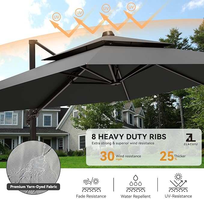 9x12FT Cantilever Patio Umbrella - Heavy Duty Double Layer Offset Design with 360° Rotation, Large Rectangle Sun Shade Umbrella for Garden, Deck, Pool, Backyard, Grey ZLACUIU