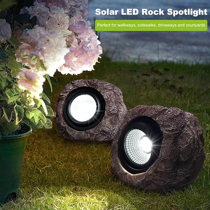 Solar Rock Lights Outdoor Garden Waterproof - Super Bright LED Solar Spotlights, Solar Powered Landscape Path Decorative Garden Stone Lights for Pathway, Walkway, Yard, Patio (2 Pack) Candieslife