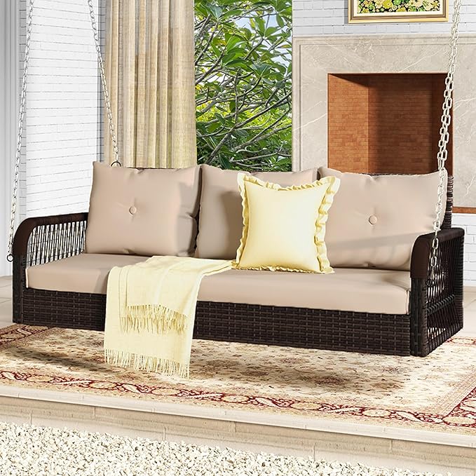 DWVO 3 Seats Porch Swing Hanging Bench Swing Outdoor Wicker Patio Swing Lounge Front Rattan 794lbs for Garden, Balcony, Brown&Beige DWVO