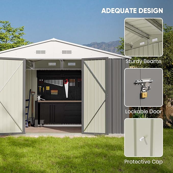 Patiowell 10 x 8 FT Outdoor Storage Shed, Large Garden Tool Metal Shed with Sloping Roof and Double Lockable Door, Outdoor Shed for Backyard Garden Patio Lawn,Grey Patiowell