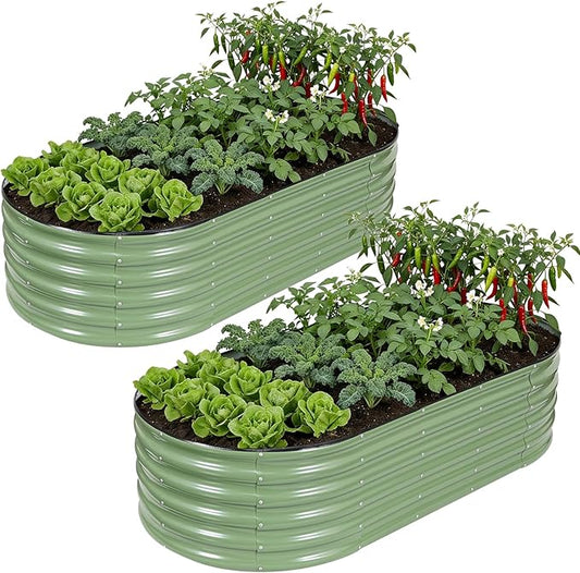 Galvanized Raised Garden Bed Outdoor, 6x3x1.4ft Oval Metal Raised Beds for Gardening, Rust-Resistant Garden Planter Box for Planting Vegetables, Flowers, Fruits in Lawn(Olive Green, 2 Packs) HEALSTOK