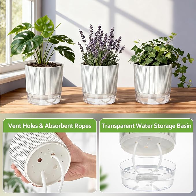 3 Pack Self Watering Pots Set, 5.5 Inch Self Watering Pots for Indoor Plants, Planter Pot with Wick Rope and Reservoir for African Violet, Spider Plant, Orchid Rootora