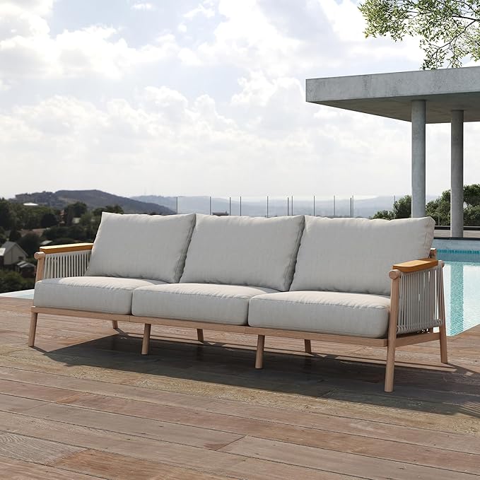 Acanva Modern All-Weather Aluminum Outdoor Patio Sofa with Thick Cushions, Olefin Fabric Sunroom Backyard Furniture, Couch Light Khaki acanva
