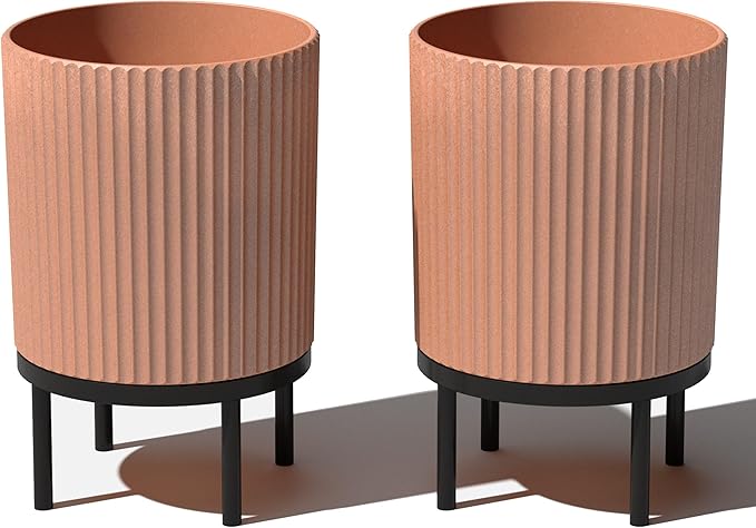 Veradek Demi Series Round Planter w/Stand for Porch/Patio | Durable Plastic-Stone Composite & Wooden Stand | Modern Décor for Tall Plants, Flowers VeradekOutdoor