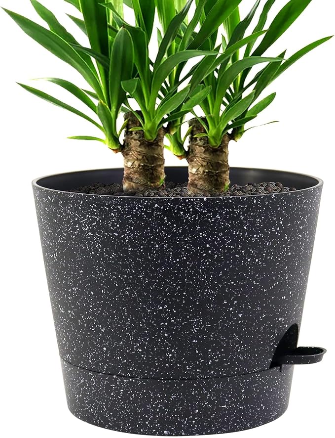 Self Watering Pots for Indoor Plants,12 inch Planters with Drainage Holes Plastic Flower Pots with Deep Reservoir, Black Speckles UOUZ