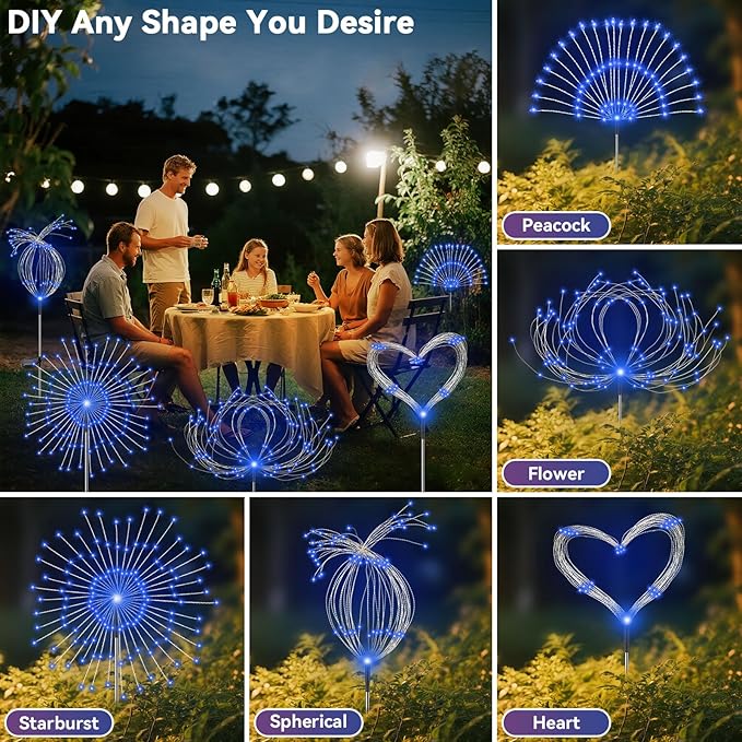 Garden Outdoor Lights, 2 Pack 120 LED Solar Garden Lights Fairy Lights Outdoor Waterproof Decorative Solar Firework Lights for Yard, Patio, Pathway, Flowerbed Party Wedding Decor, Blue Slyuexu