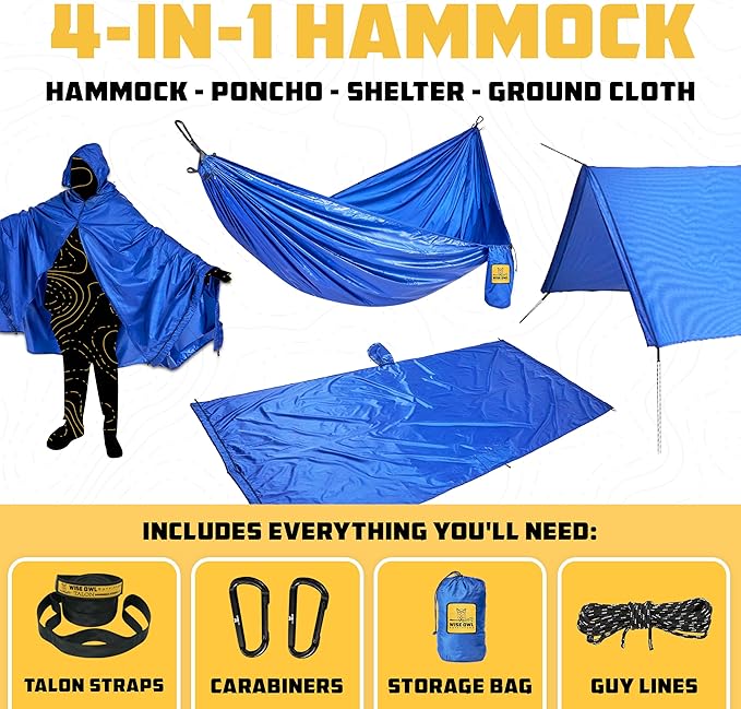 Wise Owl Outfitters Camping Hammock – 500lbs Portable Hammock with Tree Straps - Travel, Backpacking, Hiking, Outdoors Camping Gear - Single or Double WiseOwlOutfitters