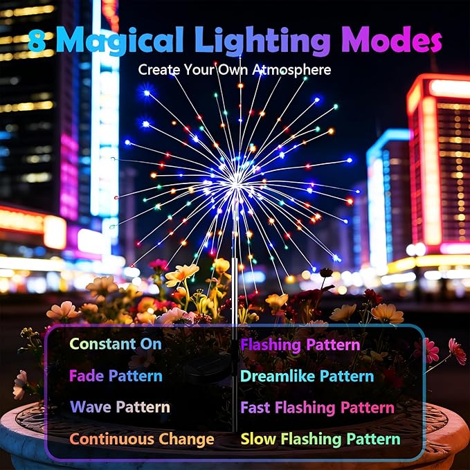 2 Pack Solar Firework Lights Outdoor - Verified 200 LED & 8 Modes - Starburst Solar Powered Garden Lights, Reinforced Durable Stakes, Waterproof Pathway Walkway Lights for Yard Patio Decor colcutee