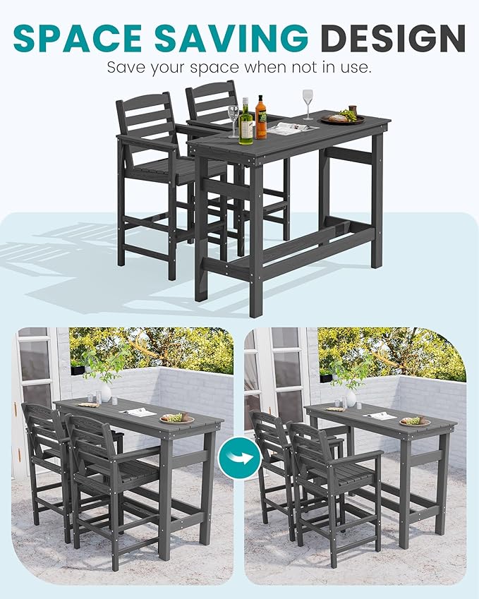 SERWALL 41" Outdoor Bar Table with 1.6" Umbrella Hole, HDPE Patio Bar Counter Height Table, All-Weather Rectangle Bar Table for Backyard, Garden, Poolside, Balcony - Grey SERWALL