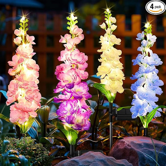 KOOPER Solar Lights Outdoor Garden Decor, 4 Pack Upgraded Delphinium Solar Garden Lights with 36 LEDs, Vivid Flowers Outdoor Waterproof for Landscape Patio Yard Decor KOOPER