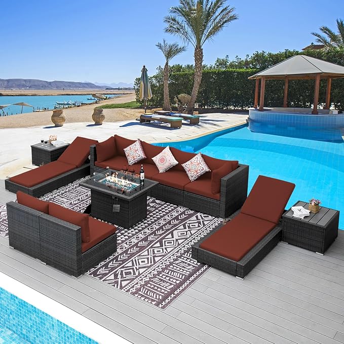 NICESOUL 11 Piece Outdoor Furniture with Fire Pit Propane/Gas, 29.3'' High Back Patio Sectional with Fire Pit & Chaise Lounge, 500 lbs Heavy Duty Large Deep Couches, 2 Color Cushion Burgundy & Gray NICESOUL