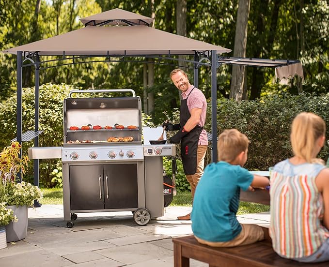ABCCANOPY Grill Gazebo with Extra Awning - 11x5 Outdoor BBQ Canopy Shelter with 2 Led Lights for Patio Backyard Grilling (Khaki) ABCCANOPY