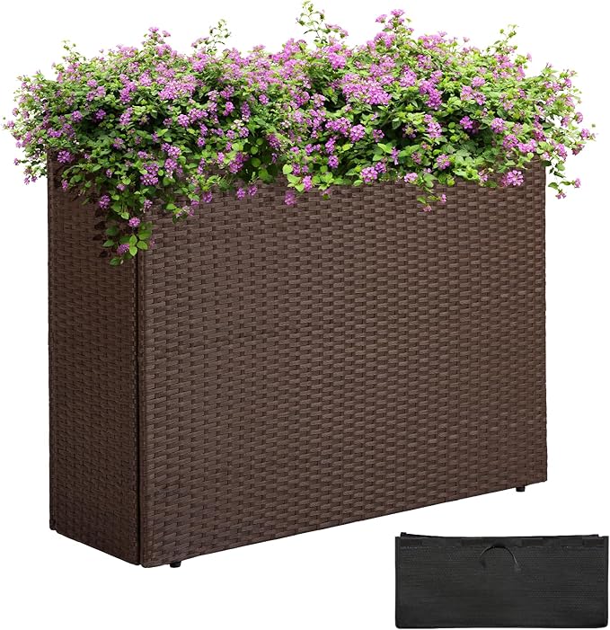 IDZO All Weather Wicker Planter Raised Garden Bed, 24 in Tall Round Rattan Flower Pots, Durable Self-Watering Indoor Outdoor Wicker Planters for Porch Patio Balcony Idzo