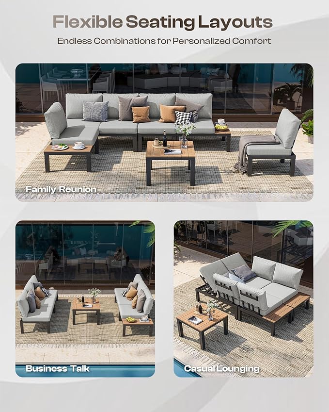 Aluminum Modular Outdoor Patio Furniture Set, 6 Seats Patio Sectional Sofa Set with Adjustable Backrest & Thick Cushions, All-Weather Conversation Sets with Table for Garden & Yard, Gray Oasbira