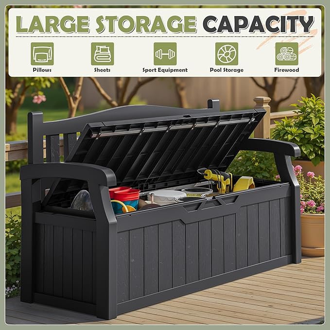 Homall 75 Gallon Outdoor Storage Benches Lockable Deck Box with Waterproof and UV Resistant, Waterproof Storage Box for Patio Furniture, Tools, Cushions (Black) Homall