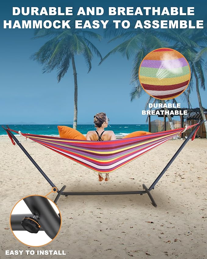 Double Hammock with Heavy-Duty Steel Stand,Portable,Easy Assembly,600lbs Weight Capacity,Suit for Indoor,Yard,Camping,or Outdoor Rootora