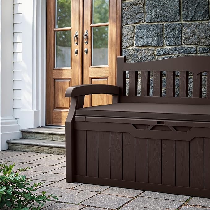 Devoko 80 Gallon Storage Bench with Cushion, Lockable Deck Box for Patio Furniture, Garden Decor and Outdoor Seating for Cushions, Garden Tools and Pool Supplies (Dark Brown, 80 Gallon with Cushion) DEVOKO