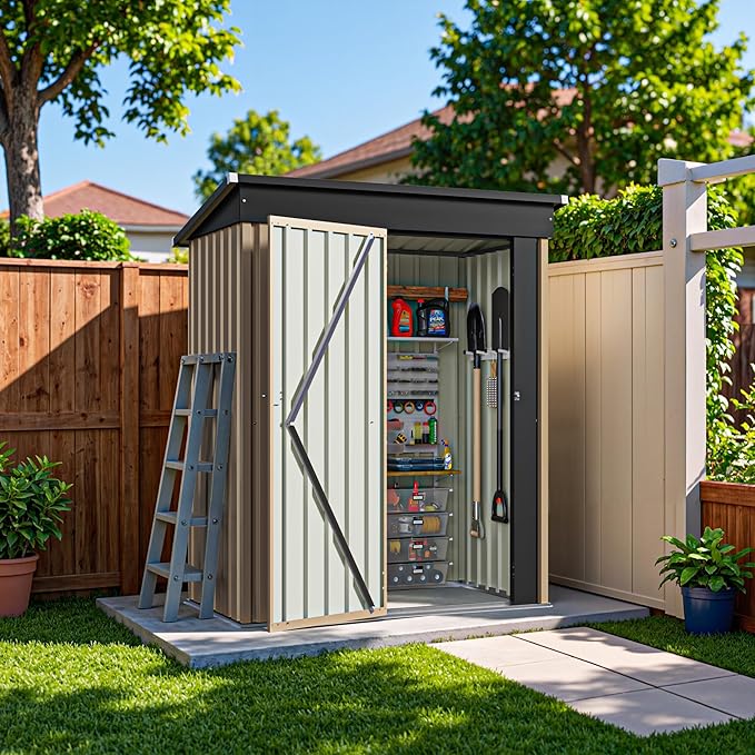 Greesum 5×3FT Outdoor Storage Shed, Metal Patio Storaged Sheds with Lockable Doors, Sheds & Outdoor Storage for Bike, Backyard, Pool and Garden, Brown BuynowfromGreesum