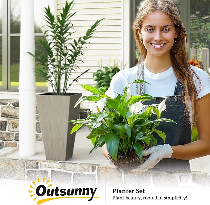 Outsunny Tall Planters for Outdoor Plants Set of 3, 28 in Taper Planters with Drainage Holes, Indoor Grande Plant Pots, Front Porch Decor, Grey Outsunny