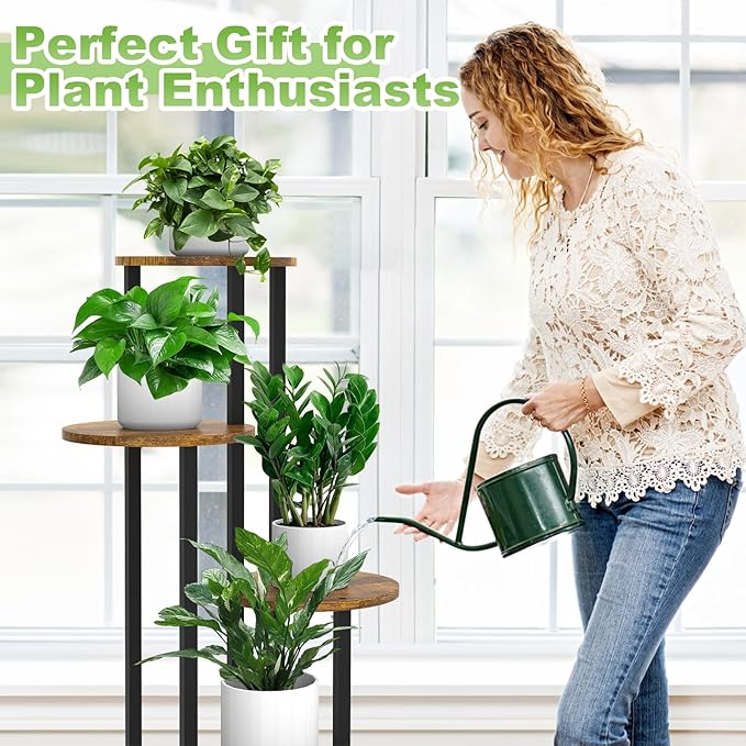 5 Tier Wood Tall Plant Stand Metal Rack Indoor, Multiple Flower Pot Holder Shelves Corner Rack, Round Planter Shelf Display Rack Storage Organizer for Patio Living Room Balcony(Black) YOCOMEY