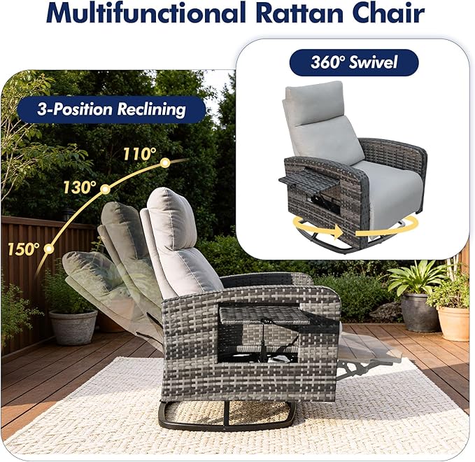 Outdoor Recliner Chair, Wicker Patio Recliners with Adjustable Backrest and Extended Foot Rest, Reclining Patio Chairs with Flip Table & Removable Cushion Cover for Porch zzw