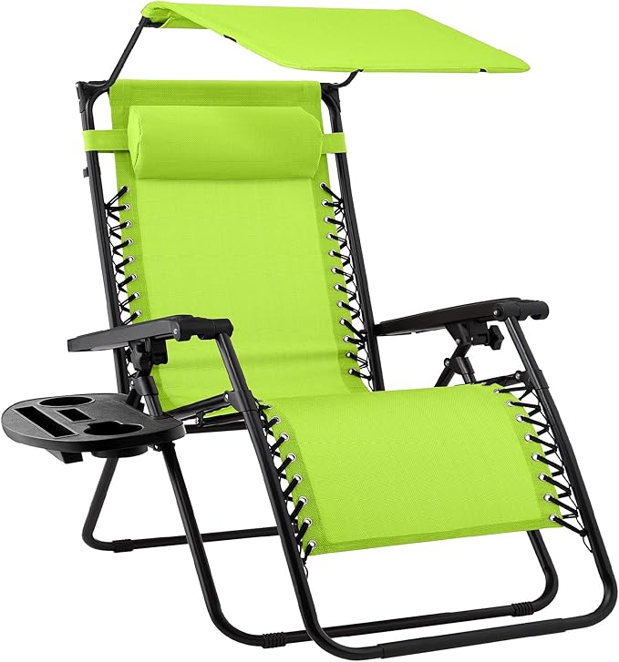 Best Choice Products Folding Zero Gravity Outdoor Recliner Patio Lounge Chair w/Adjustable Canopy Shade, Headrest, Side Accessory Tray, Textilene Mesh - Lime Green BestChoiceProducts