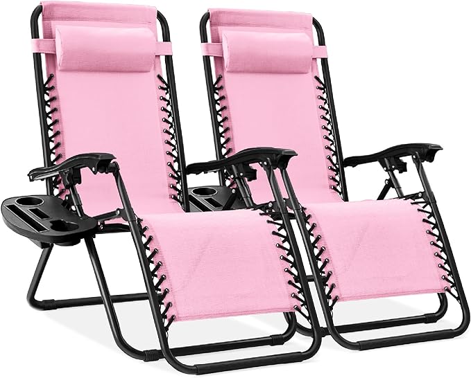 Best Choice Products Set of 2 Adjustable Steel Mesh Zero Gravity Lounge Chair Recliners w/Pillows and Cup Holder Trays - Bubblegum Pink/Black BestChoiceProducts