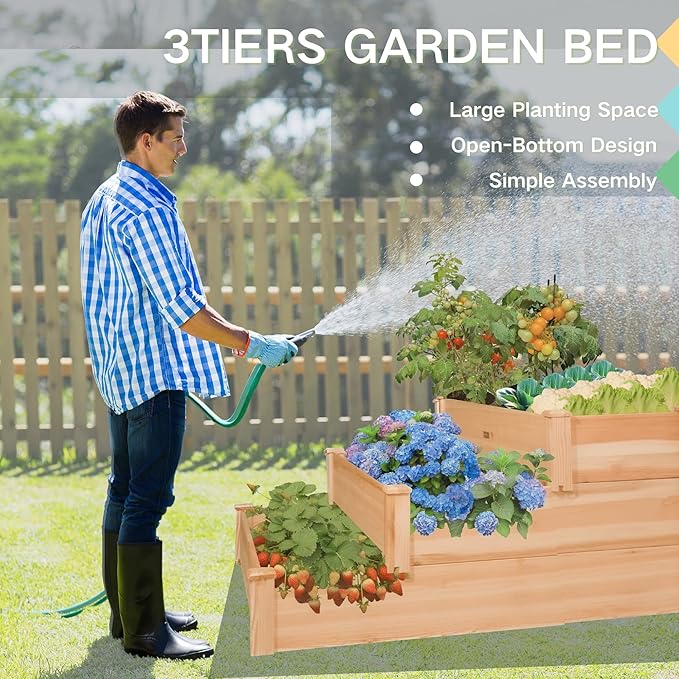 3-Tier Raised Garden Bed with Fabric Liner, Wood Elevated Planter Box with Dovetail Joint Design, 3 Dividable Bed Kit for Vegetables/Herbs/Flowers, Outdoor Gardening for Patio, Lawn, Balcony ZSYWODFO