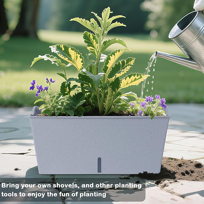Window Box Planter 6 Pcs, 16.5 Inches Self Watering Rectangle Flower Plant Pots with Drainage Holes Trays, Vegetable Planters for Windowsill Patio Garden Balcony Porch Yard (Grey) Oliz
