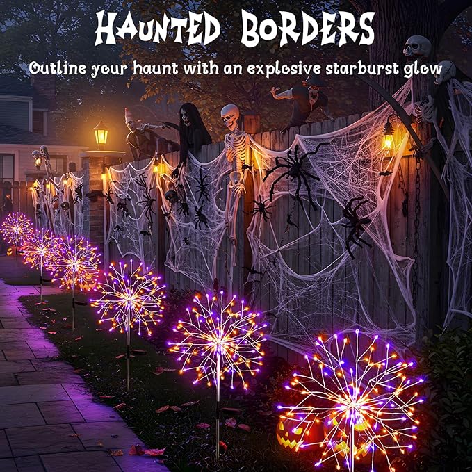 suddus Solar Halloween Lights Outdoor Solar Powered, Upgrade 2-Pack Orange & Purple Solar Firework Lights, Waterproof Garden Light for Yard Pathway Patio Flowerbed Halloween Decorations SUDDUS