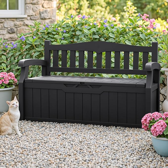 Homall 75 Gallon Outdoor Storage Benches Lockable Deck Box with Waterproof and UV Resistant, Waterproof Storage Box for Patio Furniture, Tools, Cushions (Black) Homall