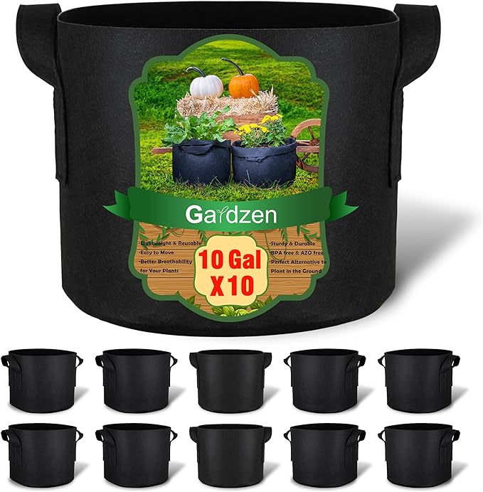 Gardzen 10-Pack 10 Gallon Grow Bags, 300G Thickened Aeration Fabric Pots with Handles, Heavy Duty Cloth Pots for Plants Gardzen