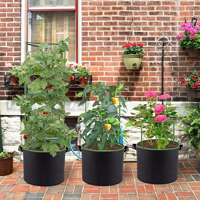 ANPHSIN 3 Sets Tomato Cages with 10 Gallon Grow Bags - 48" Stable Plant Garden Planter, Flowers Vegetable Trellis Pots for Tomato Vertical Climbing Plants Vines ANPHSIN