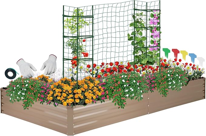 ONCEMORE Galvanized Raised Garden Bed for Vegetables Flowers Herbs, Metal Raised Garden Bed Kit with 2 PCS Tomato Cage, Gloves, Trellis Netting, Plant Labels, Plant Ties, Brown 6×3×1FT ONCEMORE