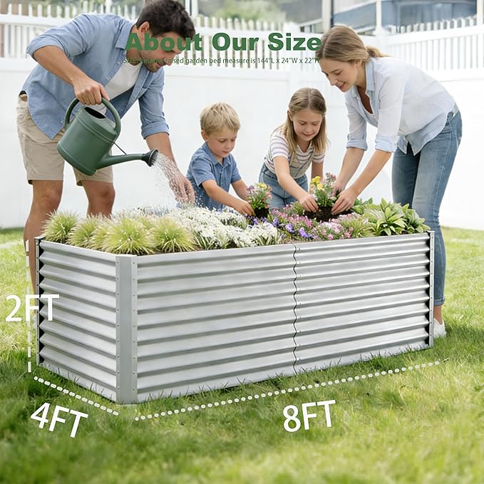 8x4x2ft Raised Garden Beds Kit, Galvanized Planter Garden Boxes Outdoor, Metal Raised Garden Beds for Vegetables,Fruits,Herb,Flower,Silver kingddeergardenbed