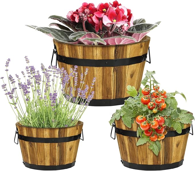 Idzo Set of 3 Wooden Flower Planters for Outdoor Plants, Acacia Wood Barrel Planters, Ergonomic Handles, Drainage Holes, Various Sizes, Golden Teak Idzo