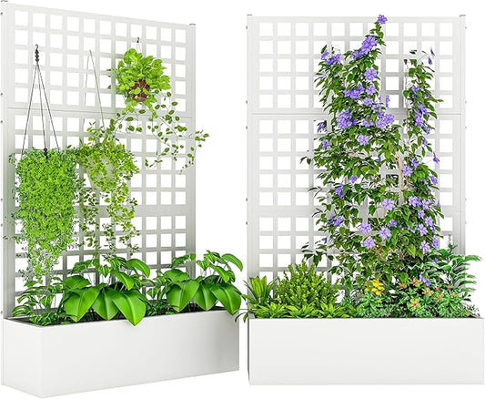 Outsunny Galvanized Raised Garden Bed with Trellis, Metal Planter Box with Drainage Holes, Outdoor Privacy Screen for Climbing Plants, Vegetable, Vines, 43" x 16" x 70", 2 Pack, White Outsunny
