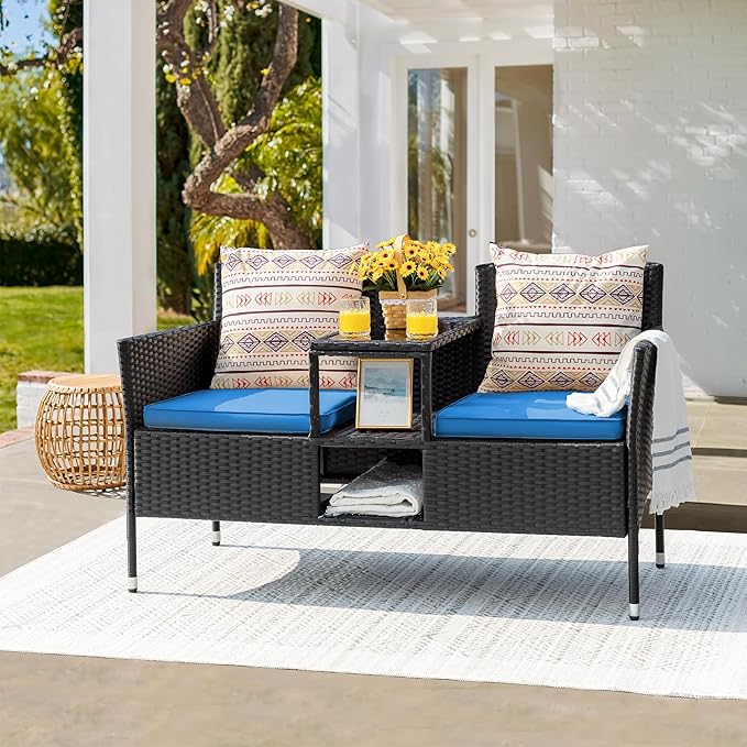 Devoko Outdoor Patio Loveseat Modern Rattan 2-Seat Patio Conversation Set with Cushions & Built-in Coffee Table Porch Furniture for Garden Lawn Backyard (Blue) DEVOKO