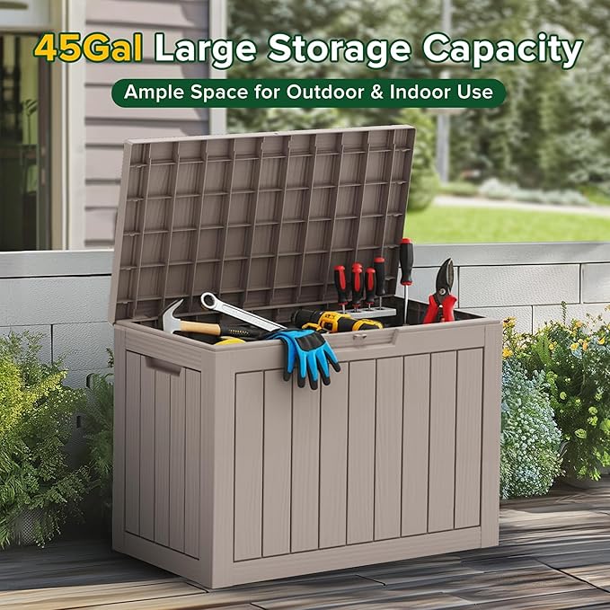 EasyUp 45 Gallon Outdoor Storage Box Waterproof, UV Resistant Deck Box Outdoor, Lockable Resin Deck Boxes for Garden Tools Equipment and Cushions, Gray EASYUP