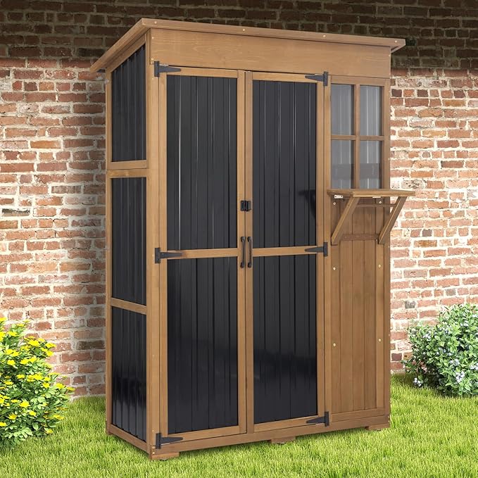 51" L Outdoor Storage Cabinet Waterproof with Shelves, Outside Storage Shed Backyard Tall Cabinet with Fold-Out Table for Patio, Garage, Garden, Pool Accessories Storage PETSCOSSET