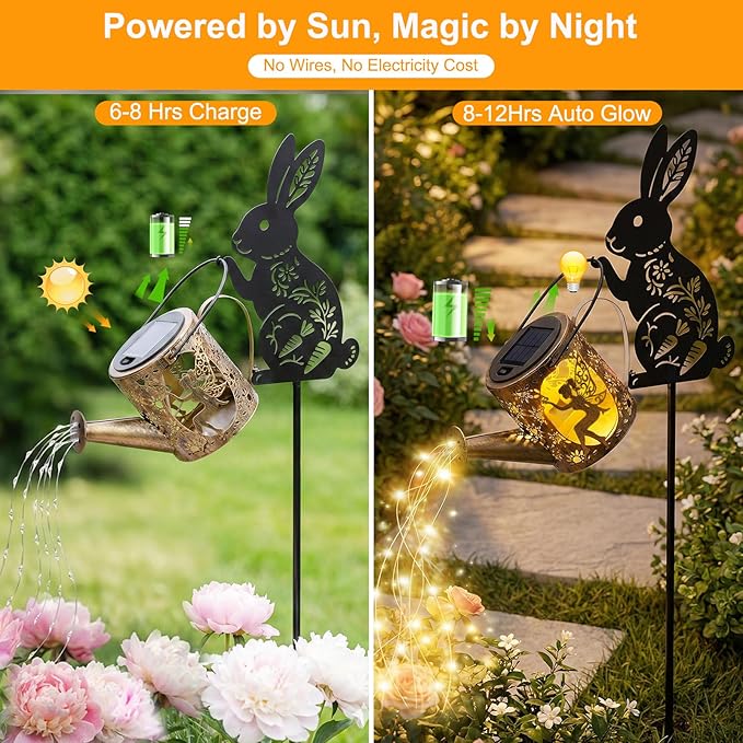 Solar Watering Can Light with Bunny Silhouette Stake & Fairy Design - Cascading LED String Light for Garden Yard Patio Decor, IP65 Waterproof Outdoor Gift for Mom, Women, Birthday, Housewarming Tremdwoto
