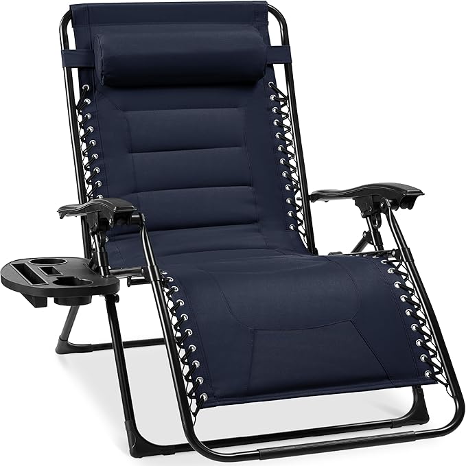 Best Choice Products Oversized Padded Zero Gravity Chair, Folding Outdoor Patio Recliner, XL Anti Gravity Lounger for Backyard w/Headrest, Cup Holder, Side Tray, Polyester Mesh - Navy Blue BestChoiceProducts