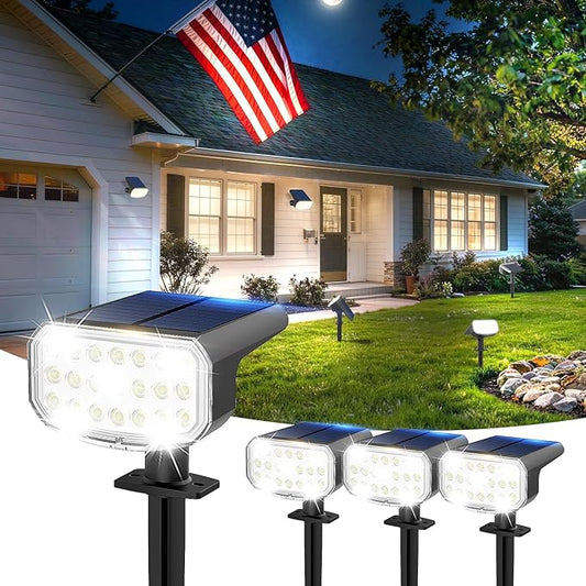 Solar Lights Outdoor Waterproof IP65, Super Bright LED with Lens, 6500K 2 Lighting Modes, Solar Powered Yard Garden Solar Spot Lights for Outside Landscape Auto On/Off -4 Pack JEJOT