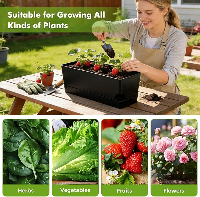 Self Watering Pots for Indoor Plants 17 Inches Window Boxes Planters Rectangular Flower Pots Rectangle Herb Pots Large Plant Pots with Drainage Holes and Saucers Windowsill Planter (4, Black) KvyusFlourish