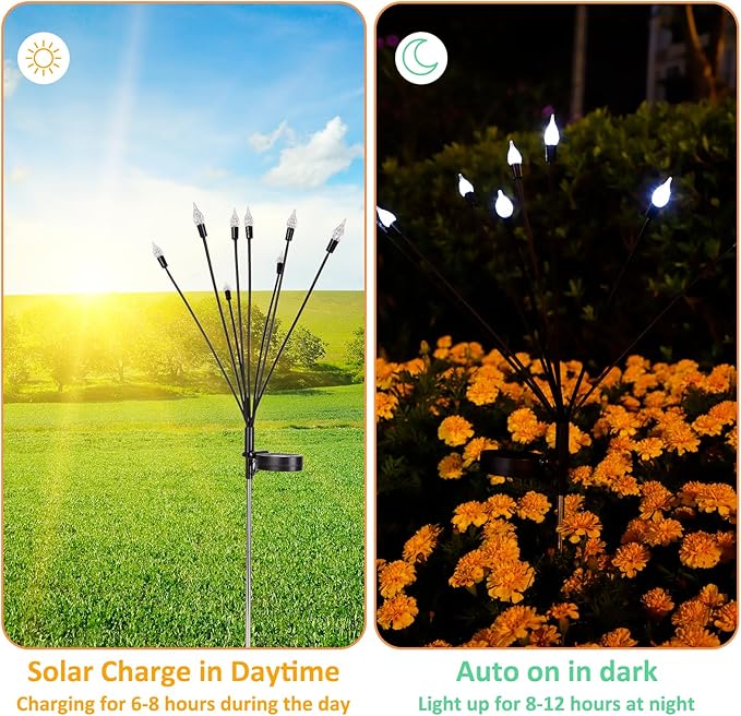 2 Pack Each 8 LEDs Solar Garden Lights Waterproof Outdoor Landscape Path Firefly Lights Single Spike Bulb Swaying Light Cold White TIANSHENG