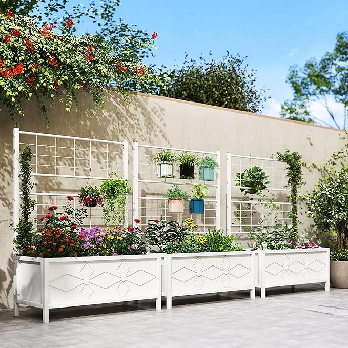 Outsunny Planter Box with Trellis, 35.4 x 15.7 x 47.2 inch Raised Garden Bed with Drainage Holes, Planters for Outdoor Plants, Vegetables, Flowers, Herbs, Trellis Planter, White Outsunny